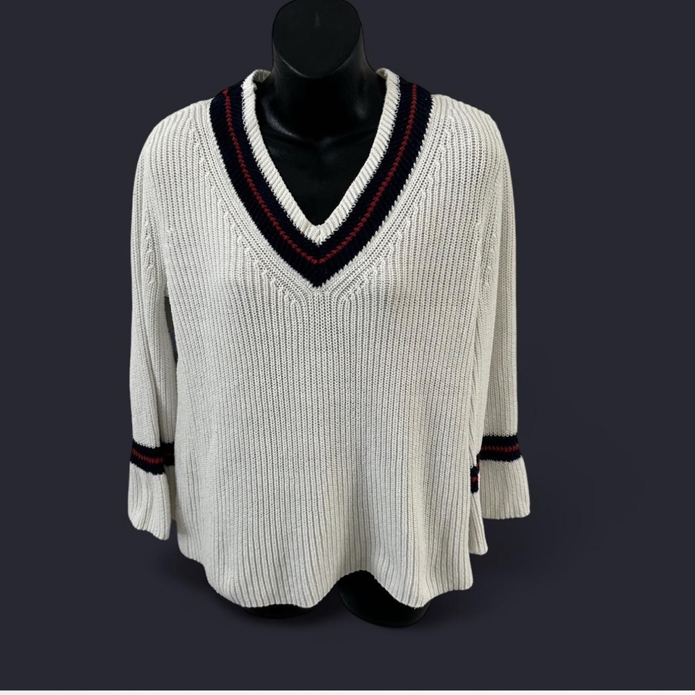 CAbi V-Neck Sweater with Navy & Red Trim